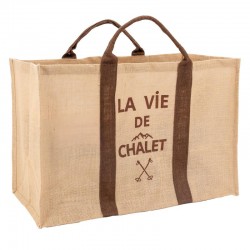 Sac à bûches rectangulaire en jute naturel, décor montagne "Vie de Chalet"