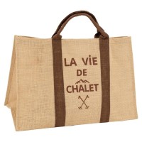 Sac à bûches rectangulaire en jute naturel, décor montagne "Vie de Chalet"