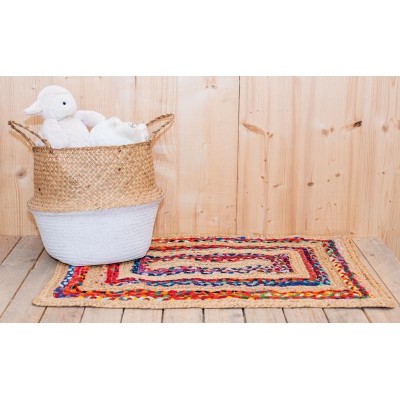 Tapete de piso retangular de juta e estilo de algodão multicolorido tecido boho chique 60 x 90 cm