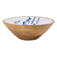 Saladier rond en bois de manguier et résine décor poissons ø 30 h 10cm