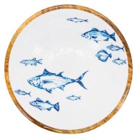 Saladier rond en bois de manguier et résine décor poissons ø 30 h 10cm