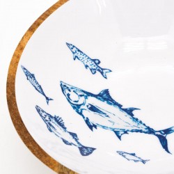 Saladier rond en bois de manguier et résine décor poissons ø 30 h 10cm