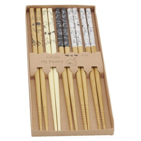 5 paires de baguettes chinoises en bambou motifs animaux