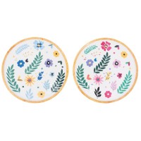 Plateau rond en bois de manguier et résine décor fleurs