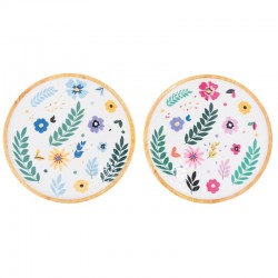 Plateau rond en bois de manguier et résine décor fleurs