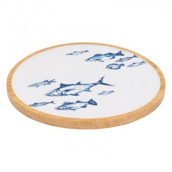 Plateau rond en bois de manguier et résine, décor poissons