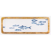 Plateau rectangulaire en manguier et résine, décor poissons