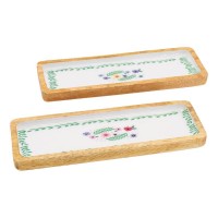 Plateau rectangulaire en manguier et résine décor fleurs