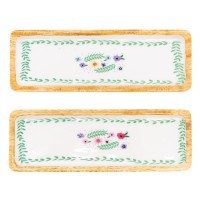 Plateau rectangulaire en manguier et résine décor fleurs