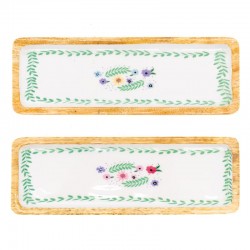 Plateau rectangulaire en manguier et résine décor fleurs