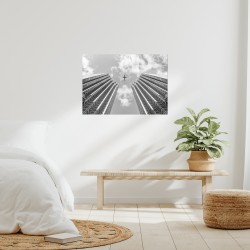 Affiche poster mural,impression photographie noir et blanc,avion traversant le ciel entre deux gratte-ciels,architecture,urbain