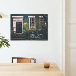 Affiche poster mural,impression photographie, charme ancien : vélo vintage accolé maison de rue,architecture,urbain