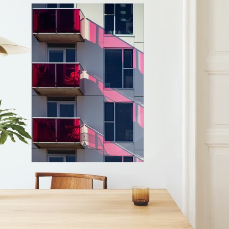 Plakat plakat væg, trykning fotografi, bygningsfacade med røde balkoner