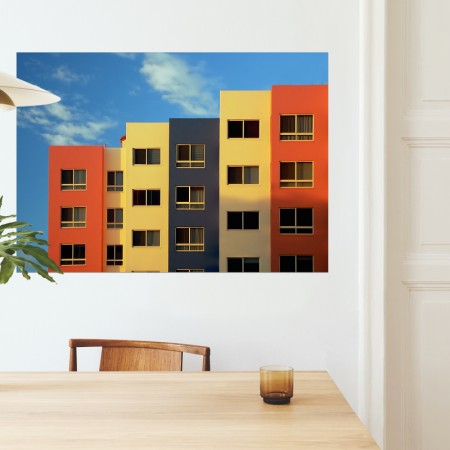 Poster Poster Parede, Fotografia de Impressão, Fachadas de Edifícios Cúbicos Contemporâneos com Cores Vermelhas, Amarelo, Azul M