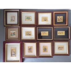 Lot de 12 petits tableaux chromolithographie d'art sur feuille d'or