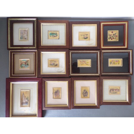 Lot de 12 petits tableaux chromolithographie d'art sur feuille d'or