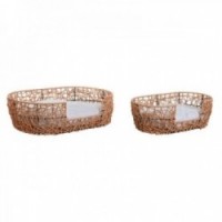 Lit pour animal domestique Home ESPRIT Blanc Marron Clair Métal rotin synthétique 50 x 35 x 14 cm (2 Pièces)