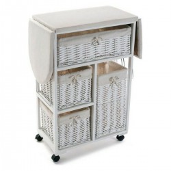 Meuble commande planche à repasser bois osier blanc 4 grands tiroirs rangements(36 x 85 x 135 cm)