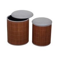 Lot de 2 coffres de rangement poufs ronds en bambou
