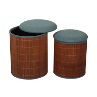 Set of 2 storage chests round bamboo poufs