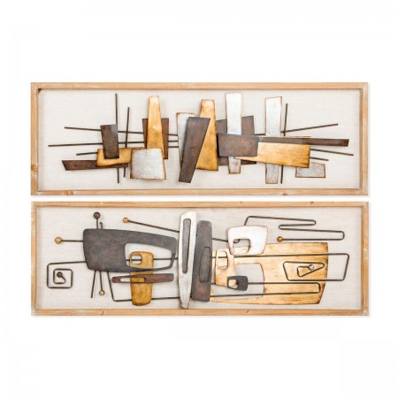 Set of 2 paintings wall decorations abstract natural wood and modern gold metal120 x 40 x 5.5 cm Set of 2 paintings wall decorations abstract natural wood and modern gold metal120 x 40 x 5.5 cm