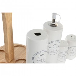 Set zout, peper, olie en azijn witte zandsteen houten ondersteuning