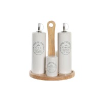 Set zout, peper, olie en azijn witte zandsteen houten ondersteuning