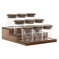 Glass spice pots Acacia wood support