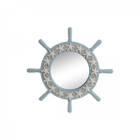 Miroir mural barre de bateau décoration marine Bleu ciel méditerranéen corde coquillages 42,5 x 3 x 42,5 cm