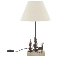 Lampada da comodino in metallo e cervi in legno e abeti