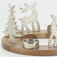 Decoratie tafelcentrum Kerstmis / advent kroon houten kaarsen deco herten en aluminium firs