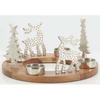 Décoration centre de table Noël / Couronne de l'Avent bougeoirs en bois déco cerfs et sapins en aluminium