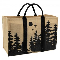 Log Bag in Jute Forest Forest Forest Pattern: massief houten basis met open haard handgrepen en houtkachel