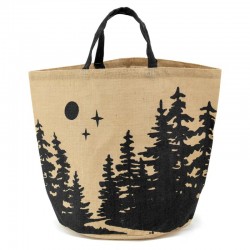 Sac à bûches rond en toile de jute décor forêt sapin