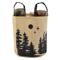 Sac à bûches rond en toile de jute décor forêt sapin