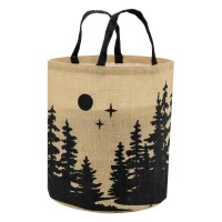 Sac à bûches rond en toile de jute décor forêt sapin
