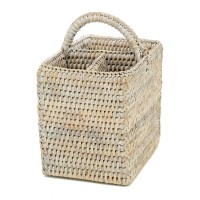 Panier range-couverts en rotin patiné blanc 3 compartiments avec poignées