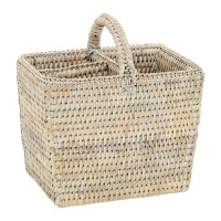 Panier range-couverts en rotin patiné blanc 3 compartiments avec poignées