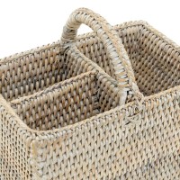 Panier range-couverts en rotin patiné blanc 3 compartiments avec poignées
