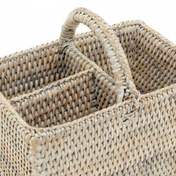 Panier range-couverts en rotin patiné blanc 3 compartiments avec poignées