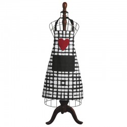 Tablier de cuisine adulte à carreaux noir et blanc grande poche motif coeur rouge