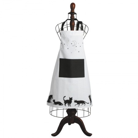 Tablier de cuisine adulte noir et blanc grande poche motif chat