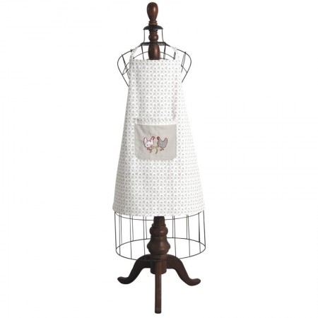 Tablier de cuisine adulte blanc et gris poche brodé motif poules