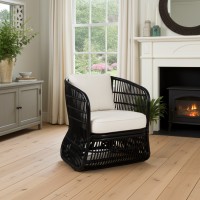 Black Rattan-fauteuil met binnenkussen buiten