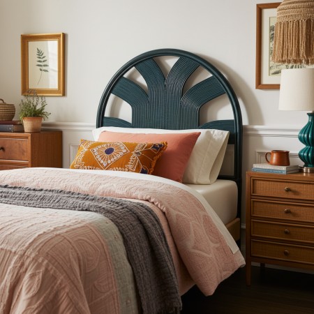 Palm Rattan Bed Head 1 Person Vintage Green Blue