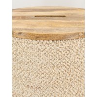 Pouf coffre rond en laine bouclette blanche avec couvercle en bois