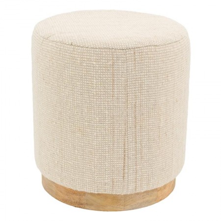 Pouf redondo na base de madeira de lã branca ø 40 h 45 cm