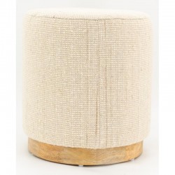 Pouf redondo na base de madeira de lã branca ø 40 h 45 cm