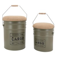 Set of 2 green metal bucket stools with lid – industrial style storage