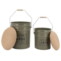 Set de 2 taburetes de metal verde con tapa – almacenamiento de estilo industrial